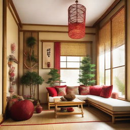 Japanese-inspired living room filled with bamboo and rattan decorations. In one corner, there is a Christmas tree, adorned with red accessories and bamboo elements.