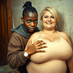 In a poor room, a 20-year-old African woman, short and undernourished, has an angry expression with a round nose