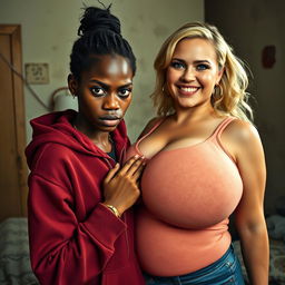 In a poor room, a 20-year-old African woman, short and undernourished, has an angry expression with a round nose