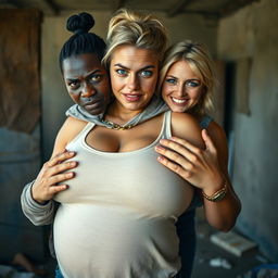 In a impoverished room, a 20-year-old short and undernourished African woman, with an angry expression and a round nose, is depicted