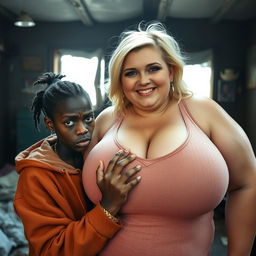 In a impoverished room, a 20-year-old short and undernourished African woman, with an angry expression and a round nose, is depicted