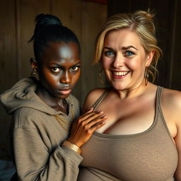 In a poor room, a 20-year-old African woman, short, undernourished, and with very dark skin, is portrayed with an angry and fierce expression