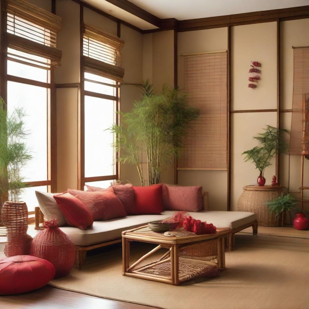 Japanese-inspired living room filled with bamboo and rattan decorations. In one corner, there is a Christmas tree, adorned with red accessories and bamboo elements.