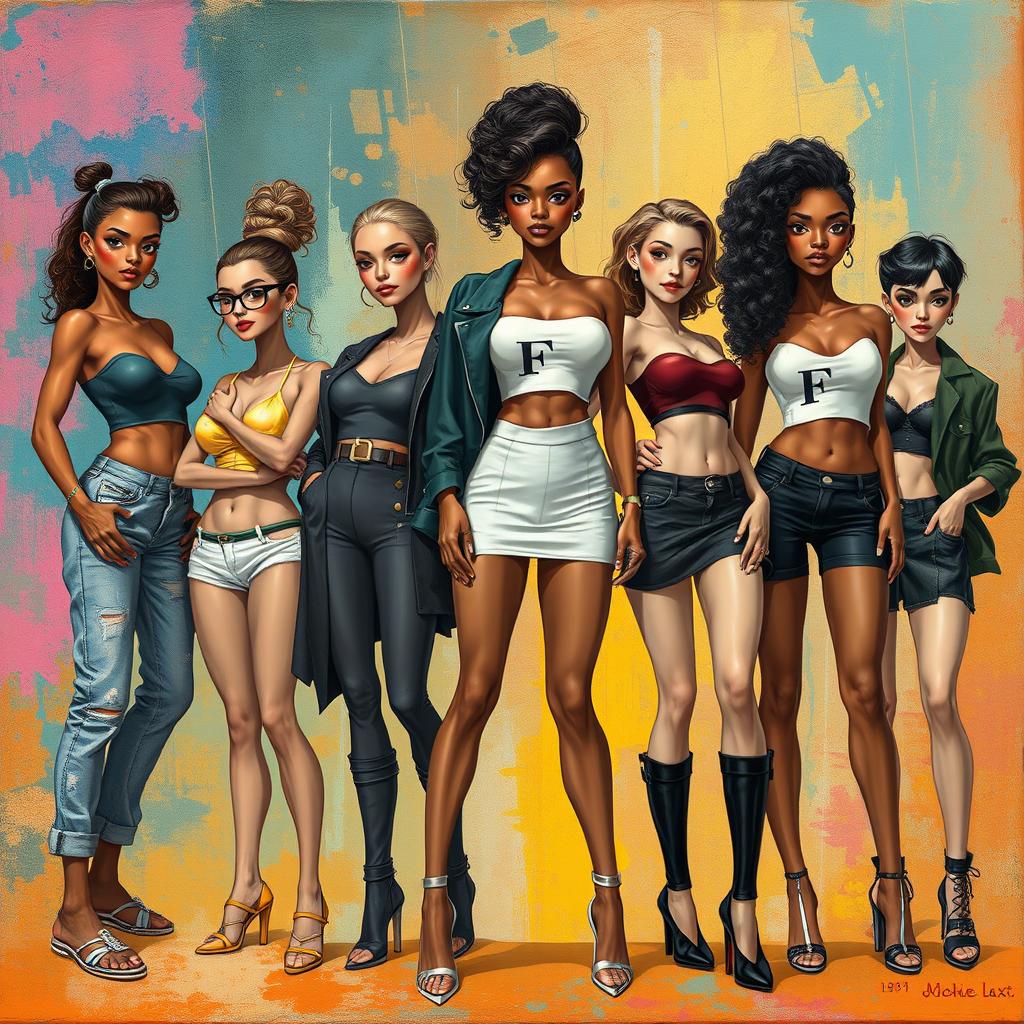 A stylish art piece showcasing women in various poses and outfits, emphasizing body positivity and diversity, featuring a variety of textures and colors