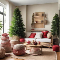 A cozy living room dominated by bamboo and rattan decorations, blending tropical and Scandinavian vibes. In one corner, a Christmas tree adorned with red accessories and bamboo touches stands tall.