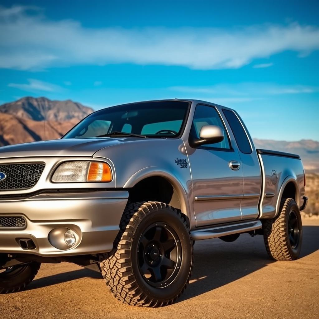 A 1999 Ford F150 truck, beautifully modified, showcasing a sleek silver-gray metallic paint finish