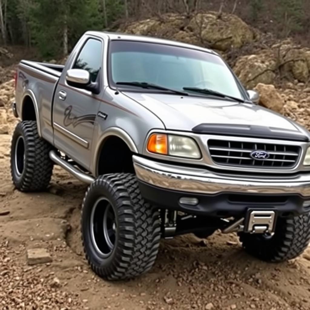 A customized 1999 Ford F150 in silver gray color, showcasing its rugged design and modifications