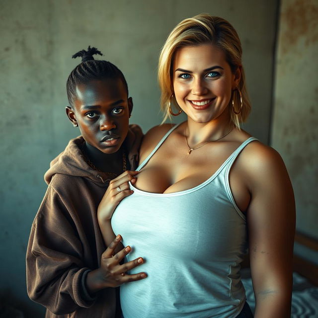 In a poor room, a young African woman, short and undernourished, aged 20, with very dark skin and an angry expression