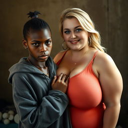 In a poor room, a young African woman, short and undernourished, aged 20, with very dark skin and an angry expression