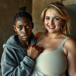 In a poor room, a young African woman, short and undernourished, aged 20, with very dark skin and an angry expression