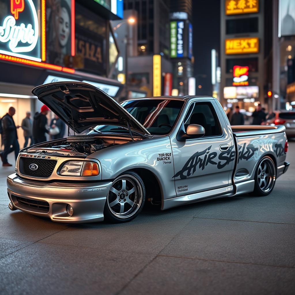 A customized 1999 Ford F150 in silver gray color, designed in a street style