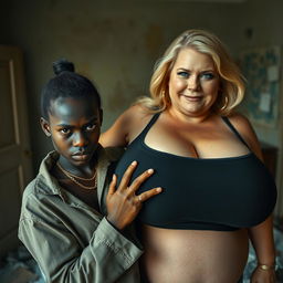 In a dilapidated room, a young, very short black African woman, 20 years old, with smooth dark skin and an angry expression, wearing an oversized gangster-style men's shirt