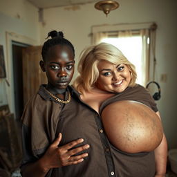 In a dilapidated room, a young, very short black African woman, 20 years old, with smooth dark skin and an angry expression, wearing an oversized gangster-style men's shirt