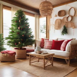 A cozy living room dominated by bamboo and rattan decorations, blending tropical and Scandinavian vibes. In one corner, a Christmas tree adorned with red accessories and bamboo touches stands tall.