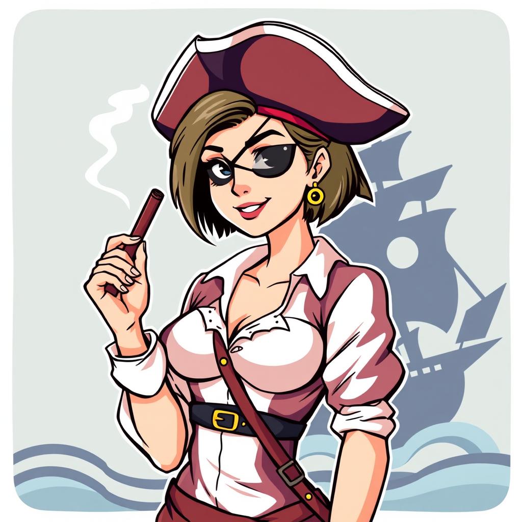 A woman dressed as a pirate, featuring short hair and holding a cigar in her hand