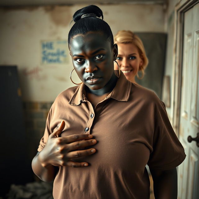 In a rundown room, a young, very short black African woman, 20 years old, with smooth dark skin and an angry expression, wearing a loose oversized gangster-style polo shirt