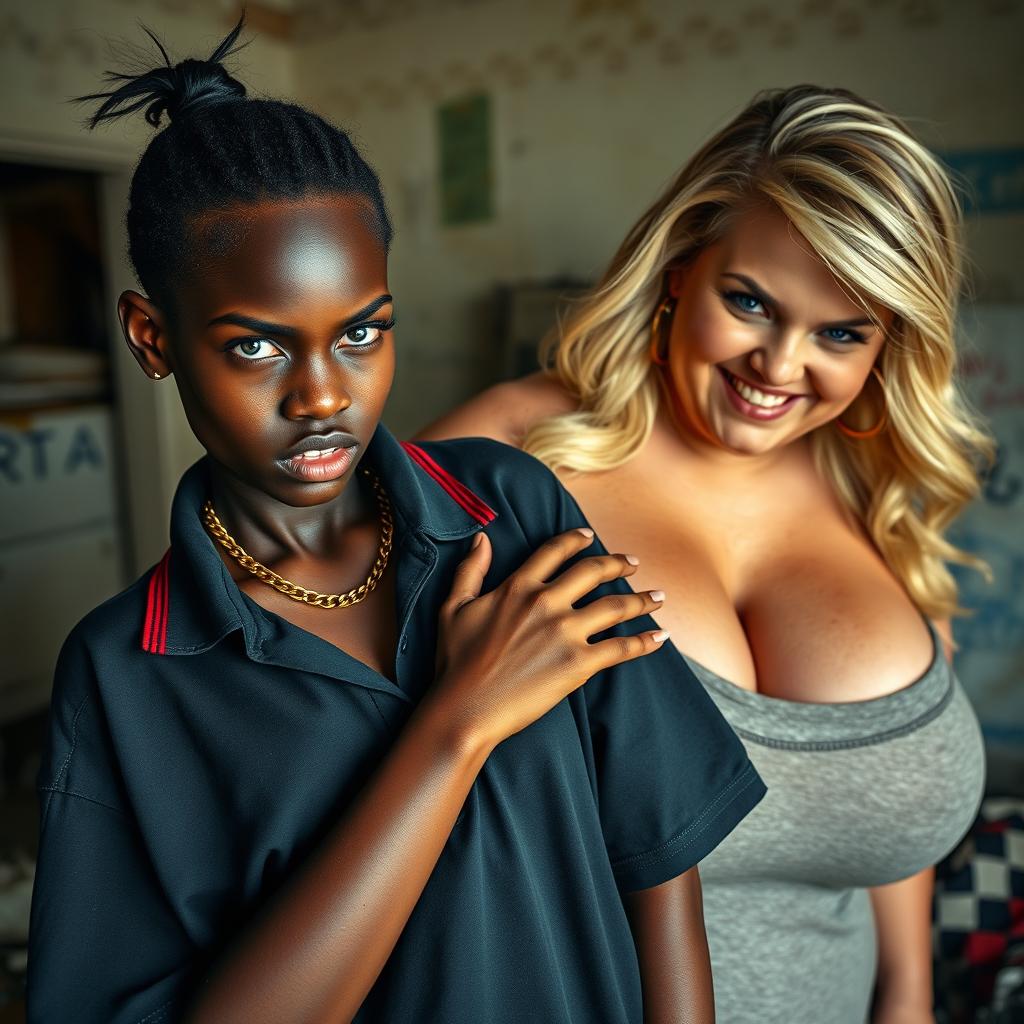 In a rundown room, a young, very short black African woman, 20 years old, with smooth dark skin and an angry expression, wearing a loose oversized gangster-style polo shirt