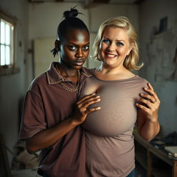 In a rundown room, a young, very short black African woman, 20 years old, with smooth dark skin and an angry expression, wearing a loose oversized gangster-style polo shirt
