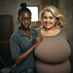 In a shabby room, a very short, young black African woman, 20 years old, with smooth dark skin and a fierce expression, wearing a loose gangster-style men's polo shirt