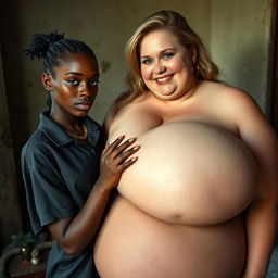 In a shabby room, a very short, young black African woman, 20 years old, with smooth dark skin and a fierce expression, wearing a loose gangster-style men's polo shirt