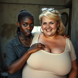 In a shabby room, a very short, young black African woman, 20 years old, with smooth dark skin and a fierce expression, wearing a loose gangster-style men's polo shirt
