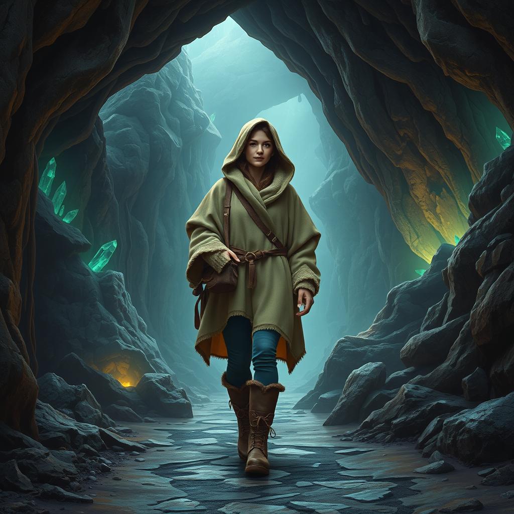 A woman wearing oversized, cozy travelling clothes, walking confidently in a beautifully detailed cave inspired by Dungeons & Dragons