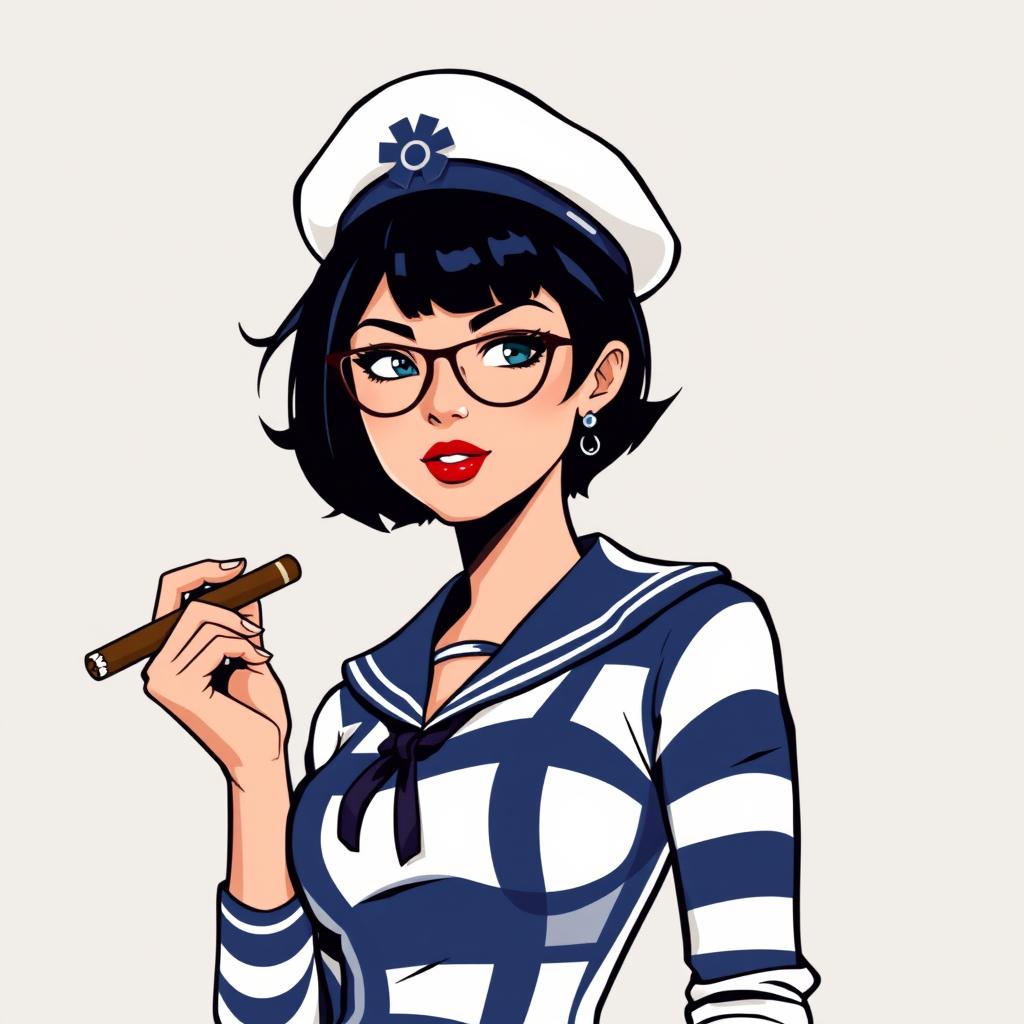 A woman dressed as a sailor with a navy blue and white striped top, a sailor's hat, and short hair, confidently holding a cigar in her hand