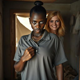 Inside a shabby room, a very short, young black African woman, 20 years old, with deep black skin and a fierce, angry expression, dressed in a loose gangster-style men's polo shirt
