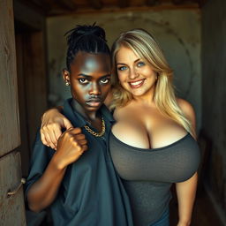 Inside a shabby room, a very short, young black African woman, 20 years old, with deep black skin and a fierce, angry expression, dressed in a loose gangster-style men's polo shirt