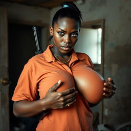 In a run-down room, a very short, young black African woman, 20 years old, with smooth dark skin and an angry expression, dressed in a loose gangster-style men's polo shirt