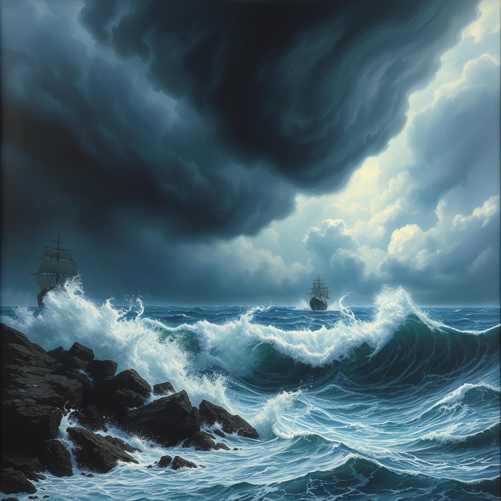 A dramatic seascape depicting a tempestuous sea with high waves crashing against rocky shores under a brooding sky filled with dark, swirling storm clouds