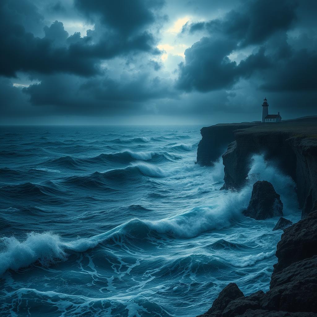 A dramatic scene of a stormy sea, with dark, swirling clouds filling the sky, intense waves crashing against rocky cliffs, and a hint of lightning illuminating the tumultuous water