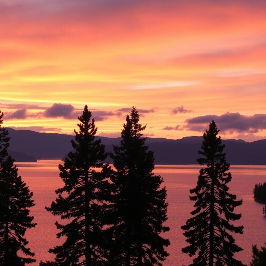A beautiful sunset landscape over a calm lake, the sky painted in shades of orange, pink, and purple, with soft clouds reflecting the colors