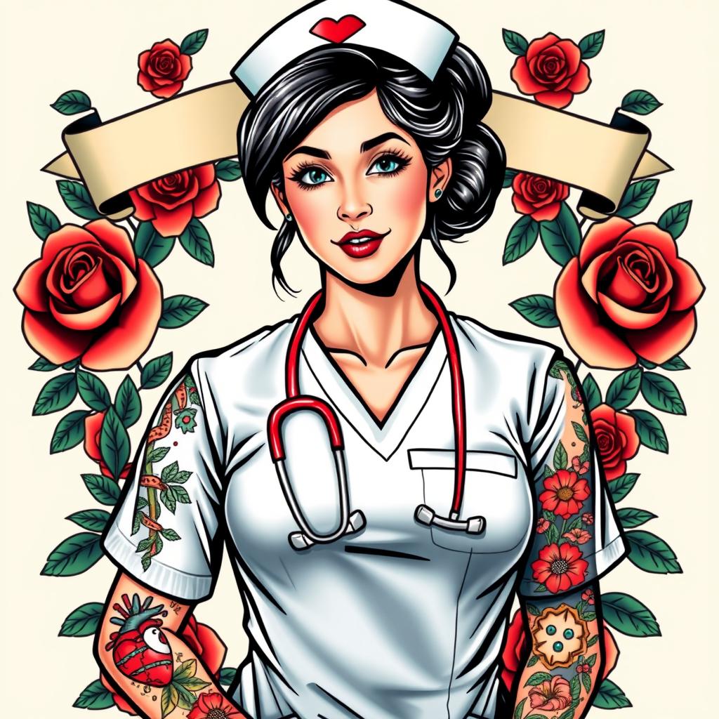 A nurse depicted in a traditional tattoo style, wearing scrubs, with a stethoscope around her neck