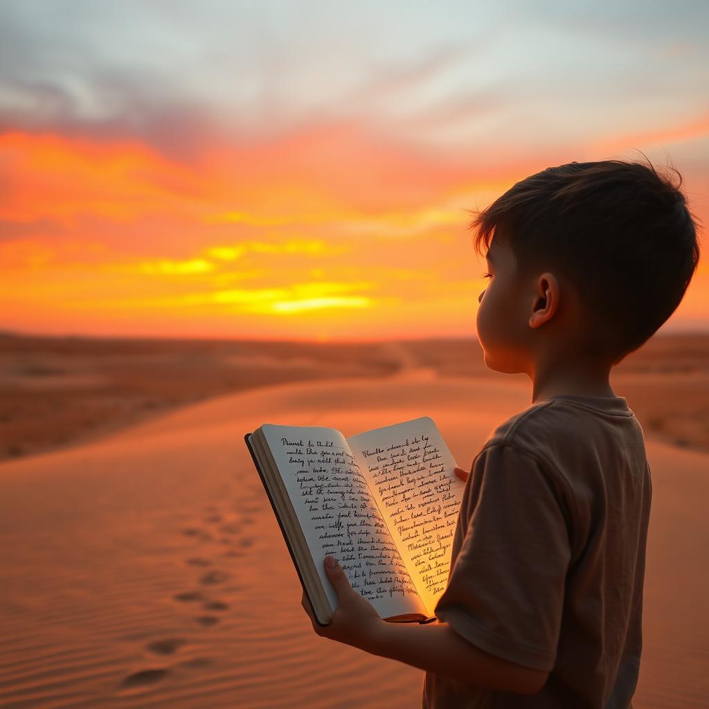 A young boy standing in a vast desert, gazing at the horizon