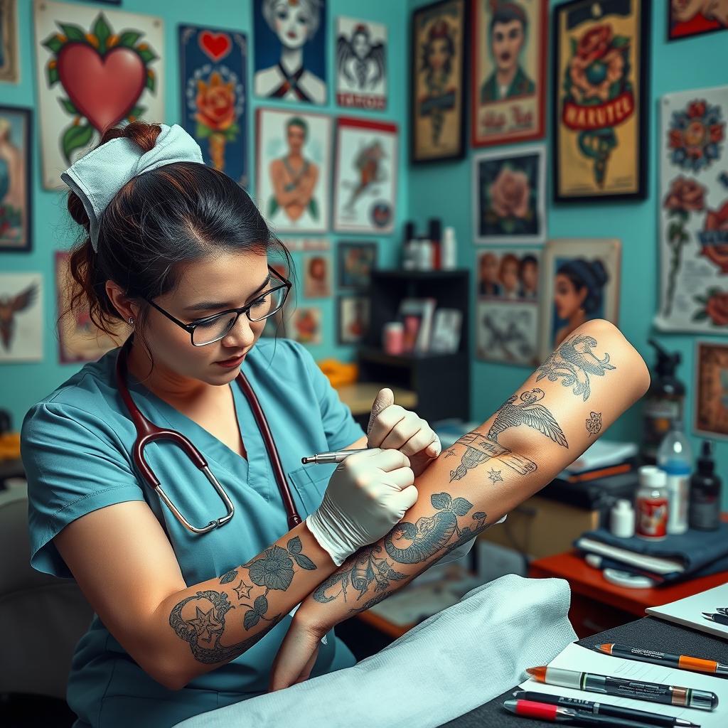 A dynamic scene of a nurse tattoo artist in traditional tattoo style, skillfully tattooing a design on a client's arm