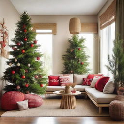 A cozy living room dominated by bamboo and rattan decorations, blending tropical and Scandinavian vibes. In one corner, a Christmas tree adorned with red accessories and bamboo touches stands tall.