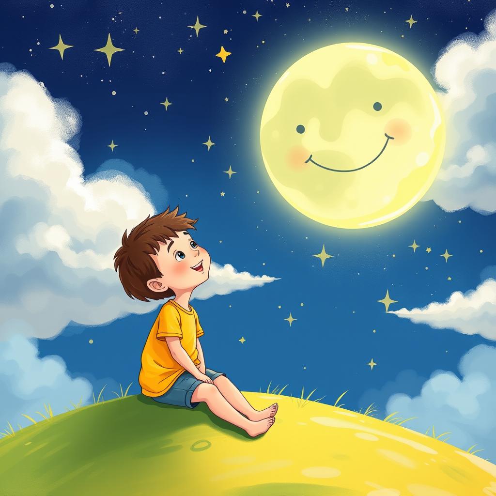 A whimsical illustration of a young boy sitting on a grassy hill under a starry night sky, gazing up at a large, glowing moon with a friendly face