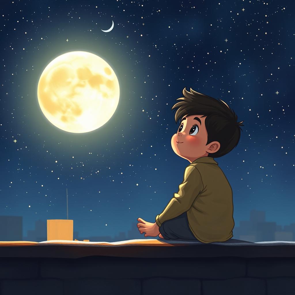 A small boy named Amir sitting on the rooftop of his house, gazing at the starry sky with an expression full of wonder