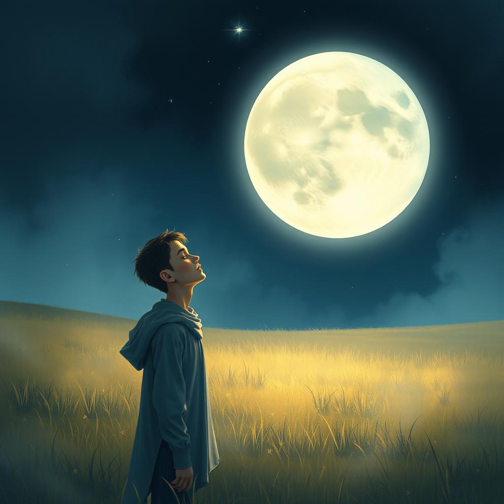 A dreamy and enchanting scene where the moon, depicted with a gentle and kind expression, is calling out to Amir, a young man standing in an open field