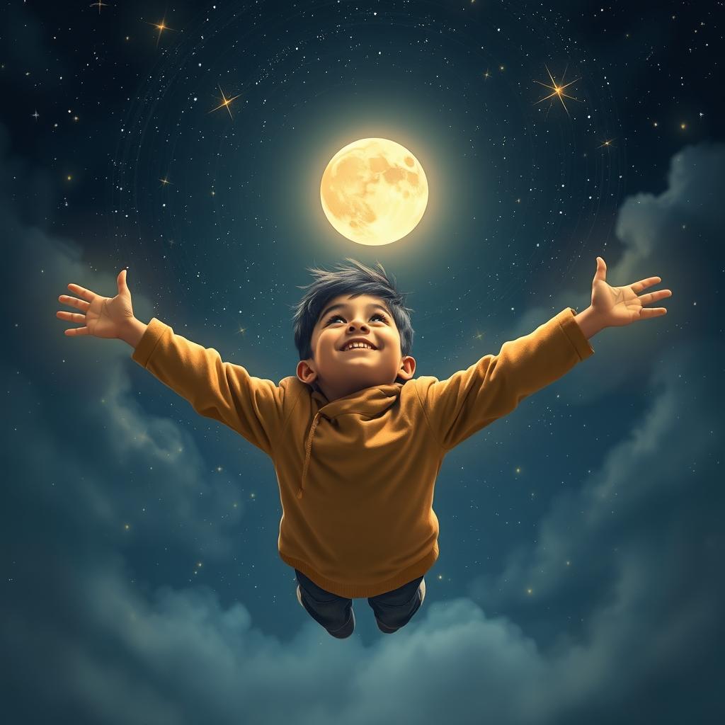 In a magical moment, a young boy named Amir feels himself slowly rising from the ground, filled with wonder as he sees himself flying towards the moon