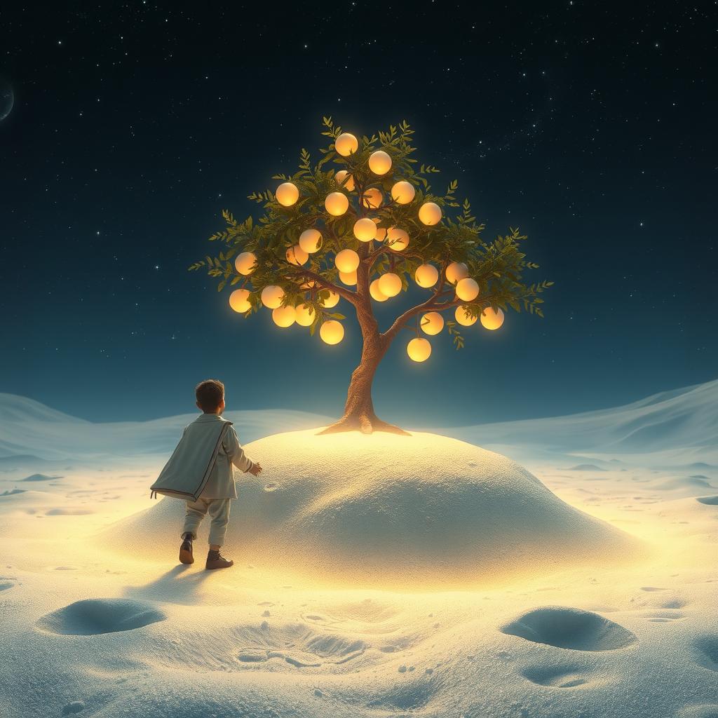 Amir lands on the moon, where the surface is silver and soft, resembling shimmering sand