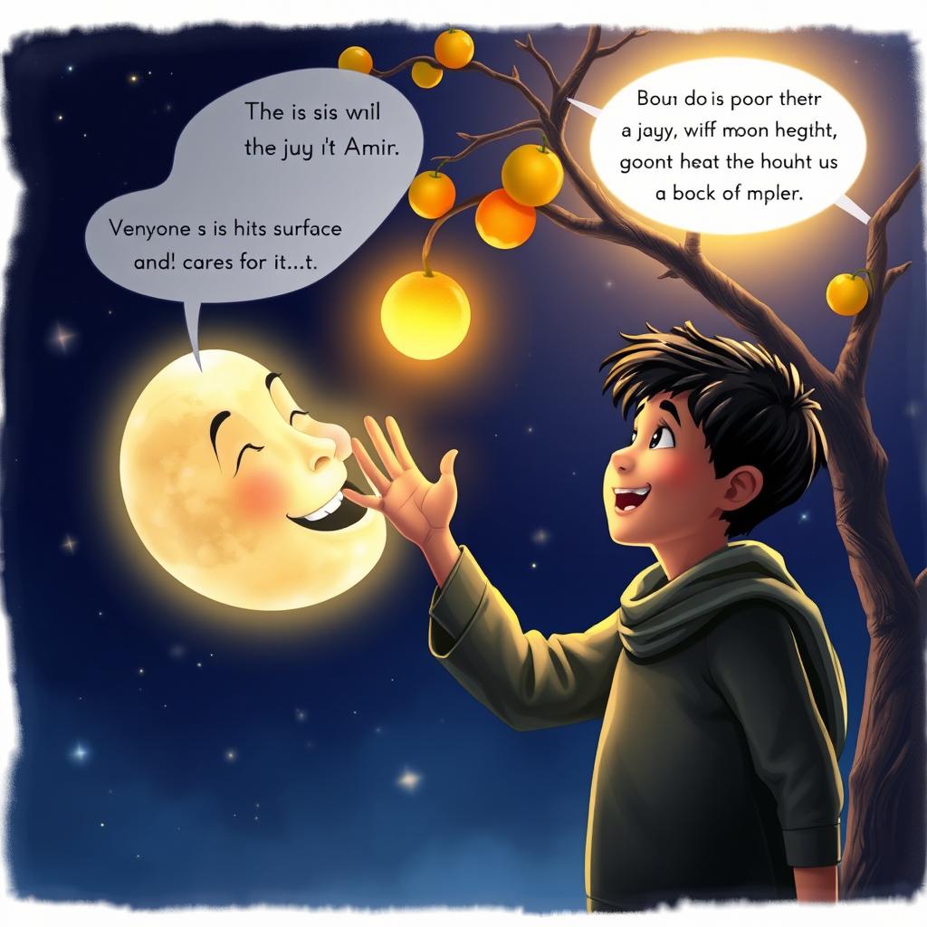 A vibrant scene where the moon is personified as a wise, glowing figure speaking to a joyful boy named Amir