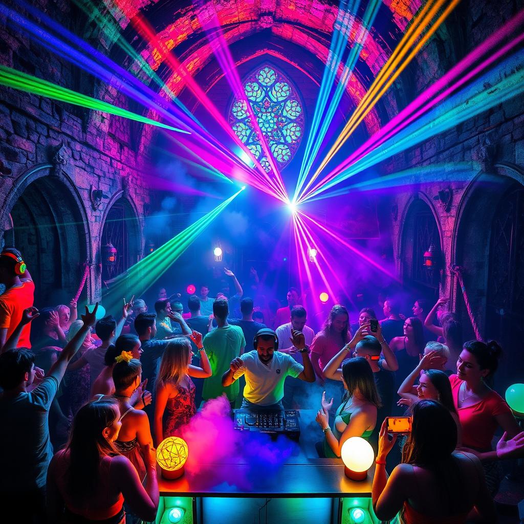 An electrifying rave party taking place inside an ancient castle, vibrant multicolored lights illuminating the stone walls, with dancing people in colorful outfits, neon accessories, and energetic expressions