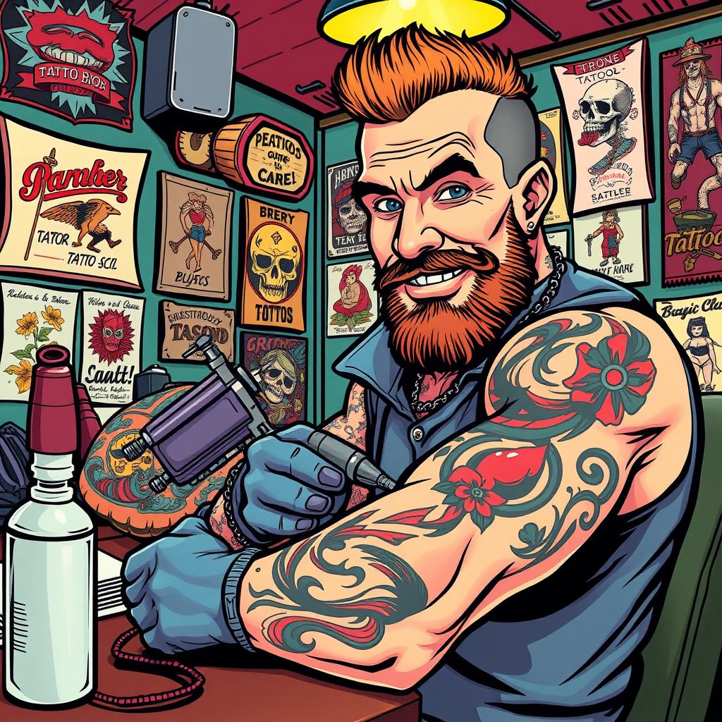 A vibrant comic-style illustration of a tattoo artist in a retro setting, sporting a classic tattoo shop ambiance