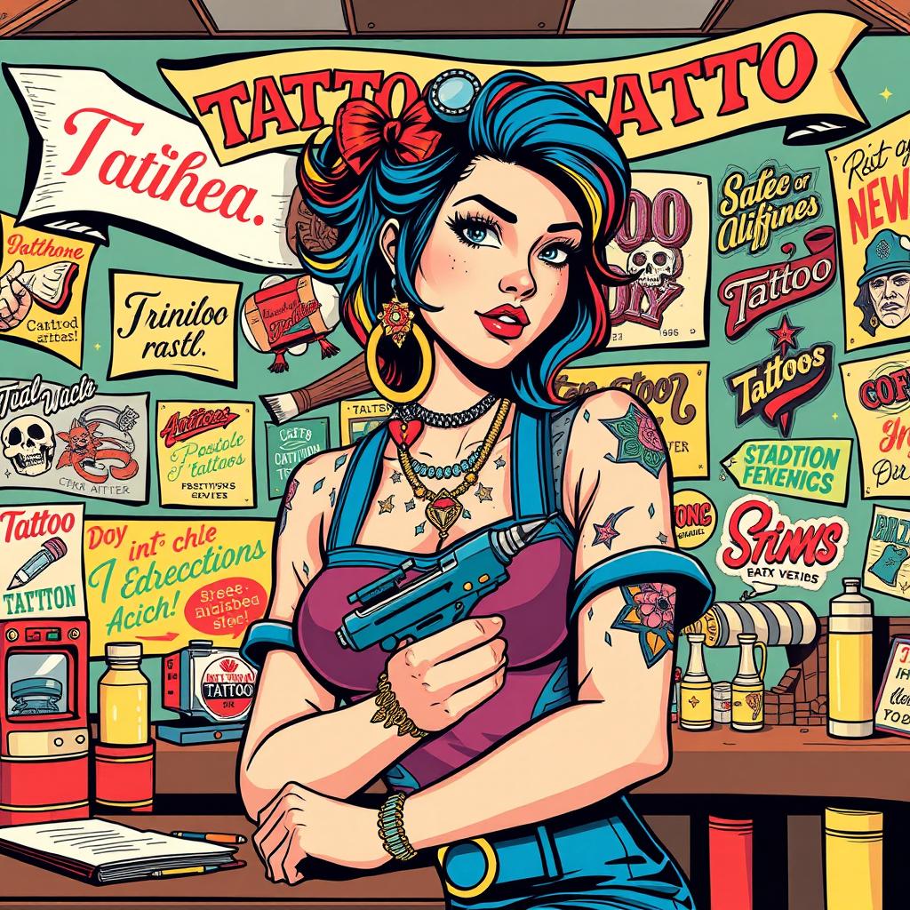 A vibrant comic-style illustration showcasing a female tattoo artist in a retro setting, surrounded by colorful tattoo flash art