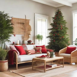 A cozy living room dominated by bamboo and rattan decorations, blending tropical and Scandinavian vibes. In one corner, a Christmas tree adorned with red accessories and bamboo touches stands tall.