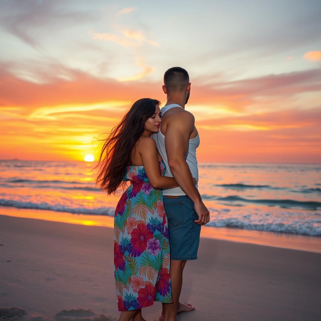 A scene depicting a curvy woman and a man standing back to back on a beach during sunset