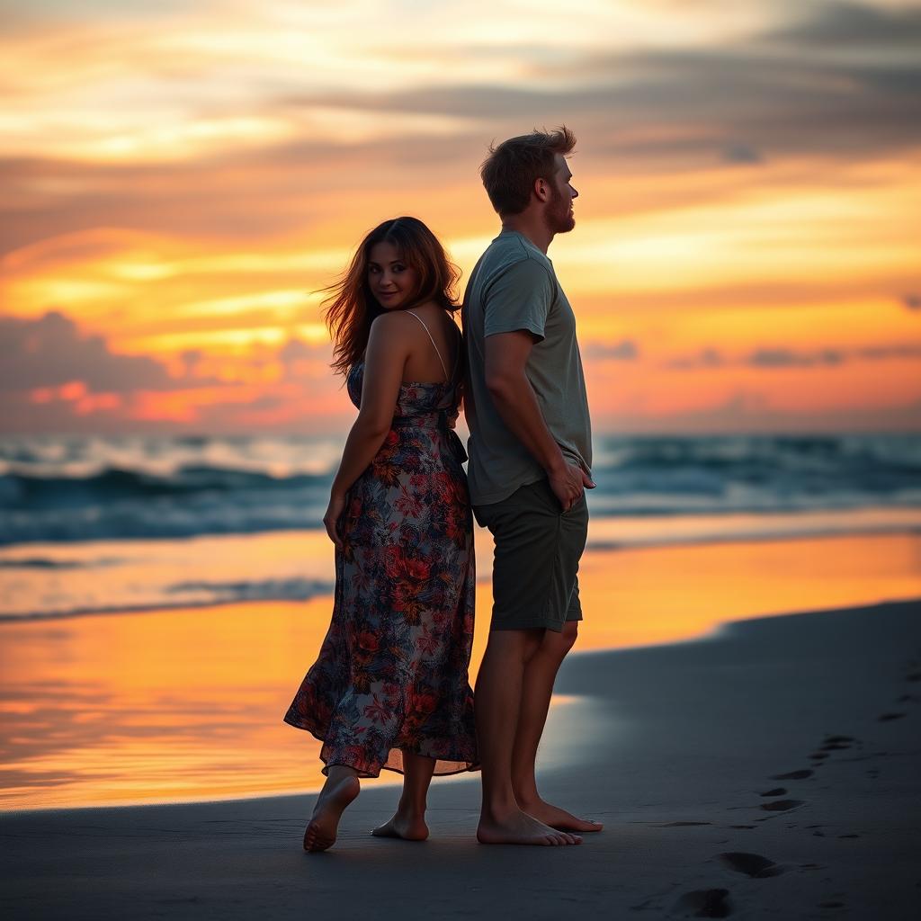 A curvy woman and a blonde man standing back to back on a beach at sunset