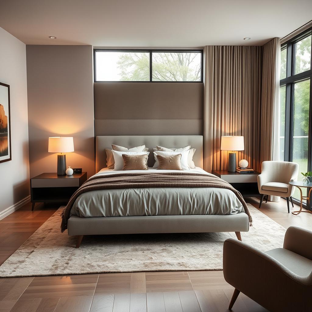 A beautifully designed bedroom featuring a modern aesthetic with soft, muted colors